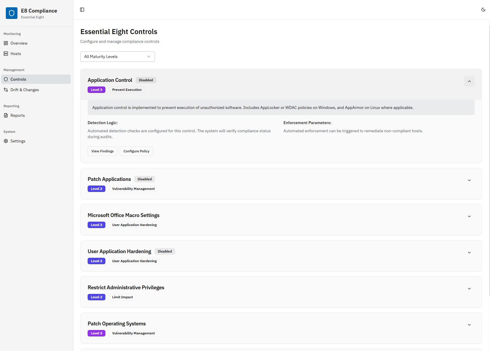 Essential 8 controls configuration page