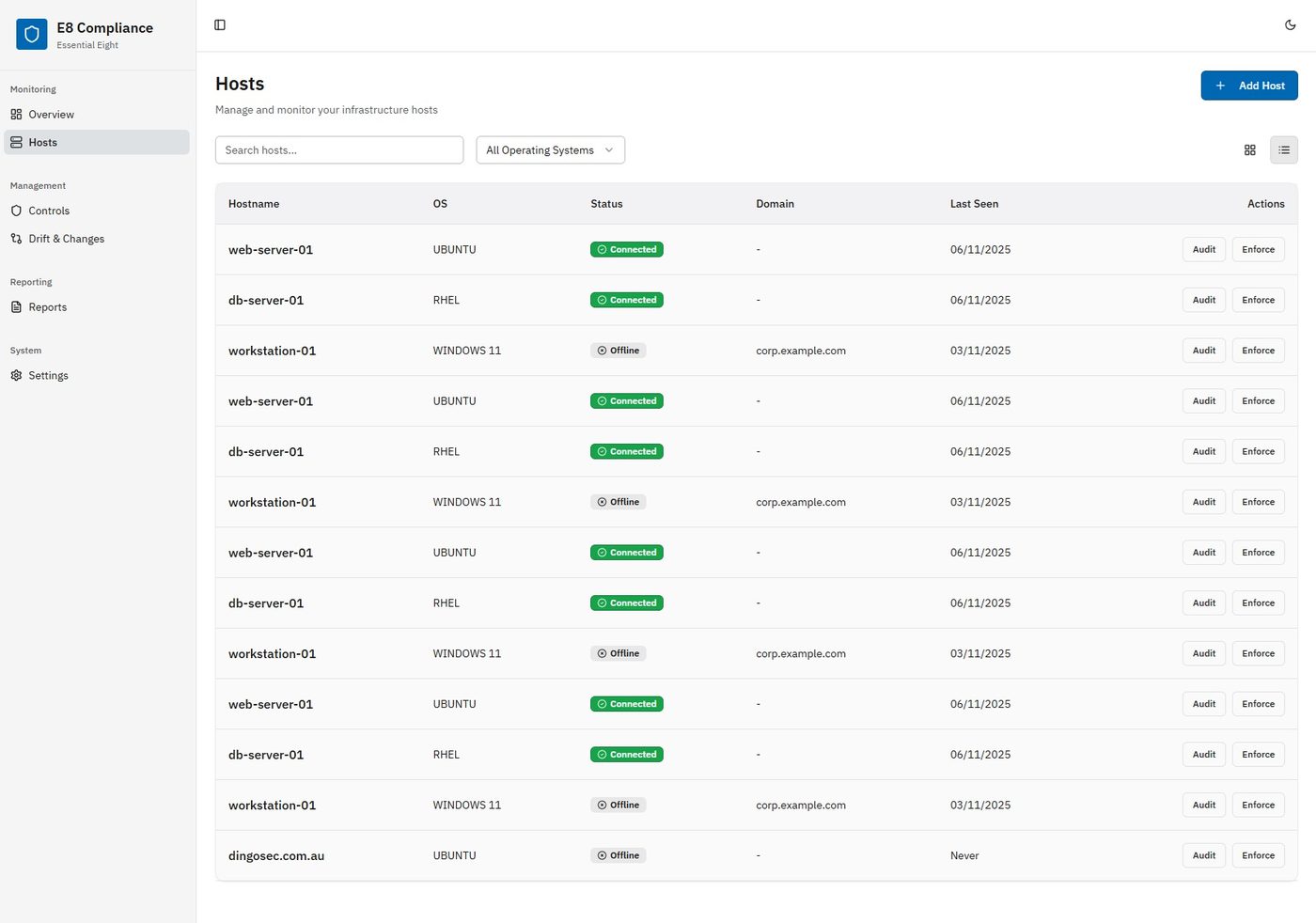 Detailed host list view showing compliance state per machine across the estate