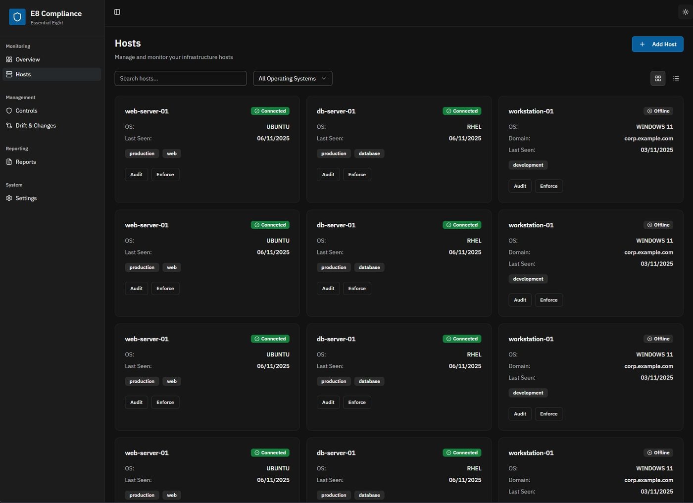Host inventory screen listing monitored endpoints with per-device Essential Eight compliance status